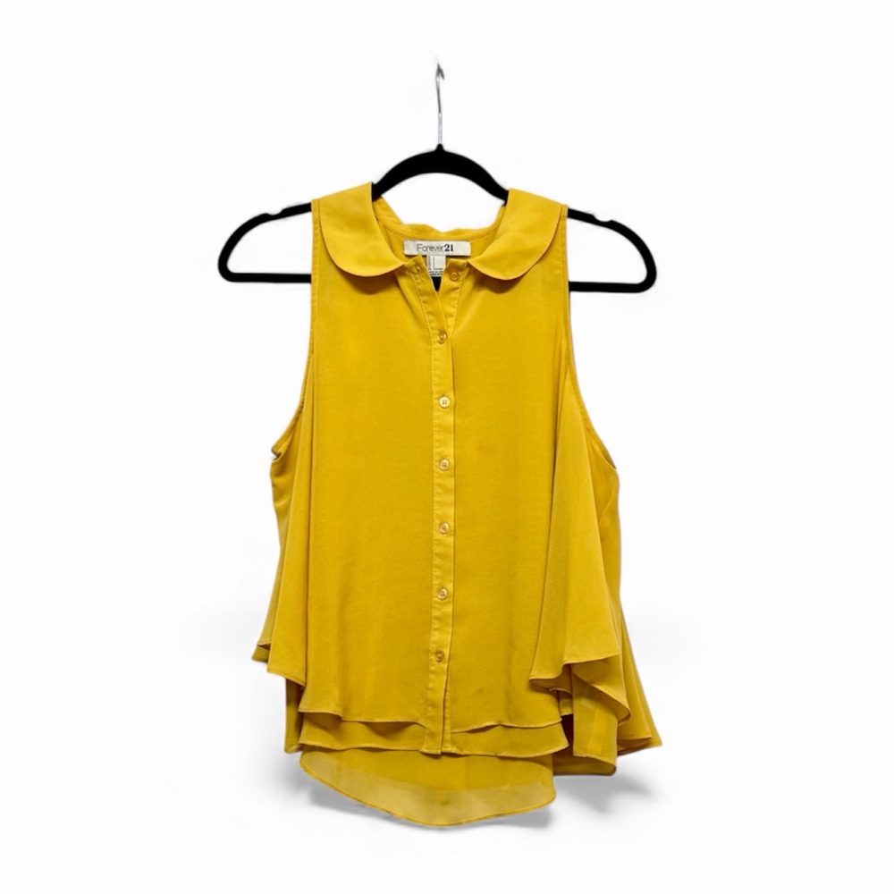 Forever 21 Mustard Yellow Button Down Layered Sleeveless Swing Blouse Sz L